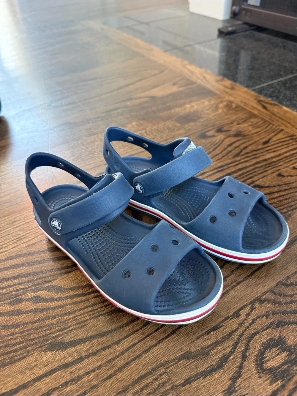 CROCS Kids Navy bayaband Sandal with Red and White Trim
